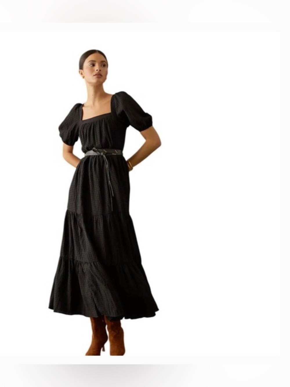 Anthropologie Black Square-Neck Puff Sleeve Tiered Maxi Dress